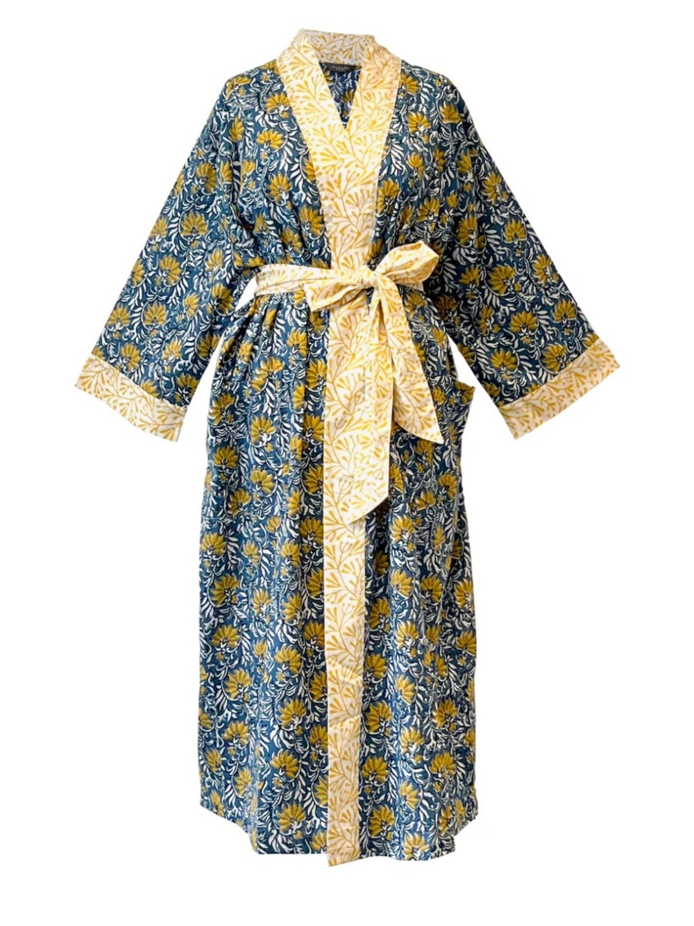 NWT Lime Tree Design Full Length Cotton Kimono Jaipur Blue & Yellow - Picture 2 of 11